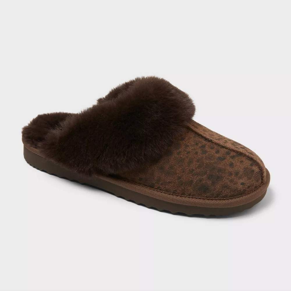 Auden Sylvia Women Brown Genuine Suede Scuff Slippers 10 Leopard Print Plush